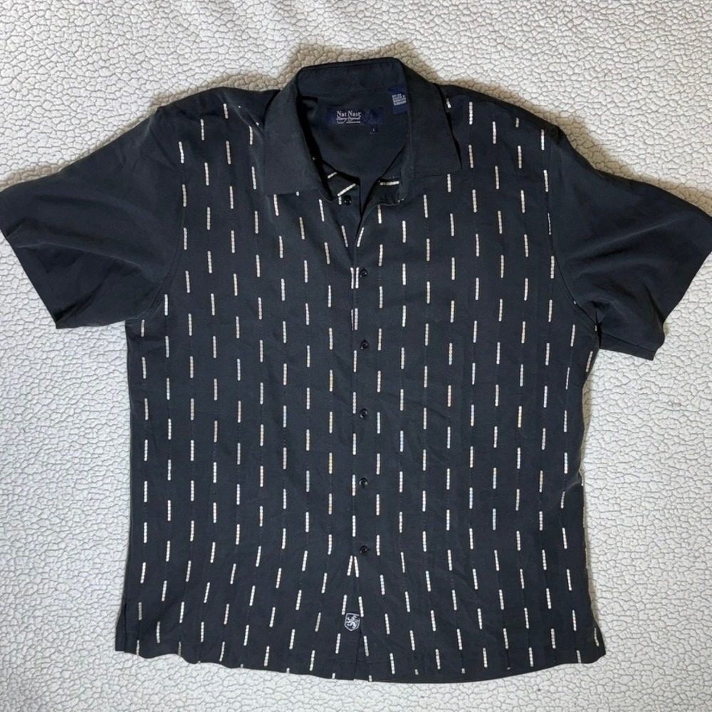 Nat Nast Luxury Originals Mens Black 100% Silk Embroidered Short Sleeve Shirt L